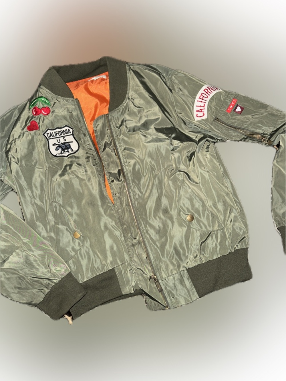 Olive Green Puffer Bomber Jacket with Patch Details